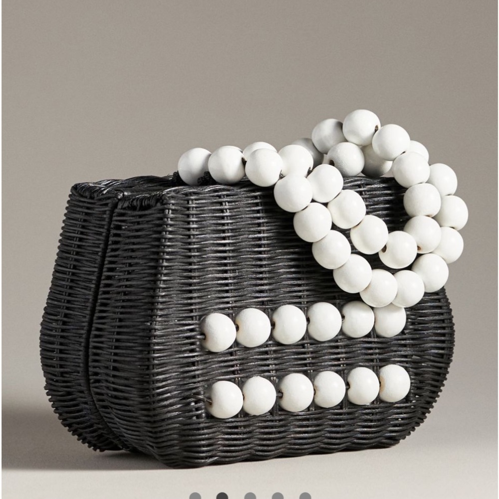 Anthropologie Chic Black Woven Clutch with White Bead Accents